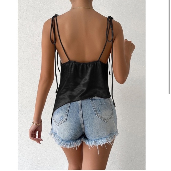 Black Color Glamorous Cowl Neck Tie Strap Camisole Top - Picture 2 of 16